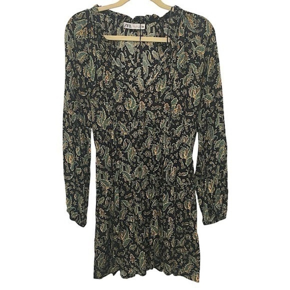 Zara Paisley Mini Dress Womens L Black Green Boho Ruffle Tiered Long Sleeve NWT